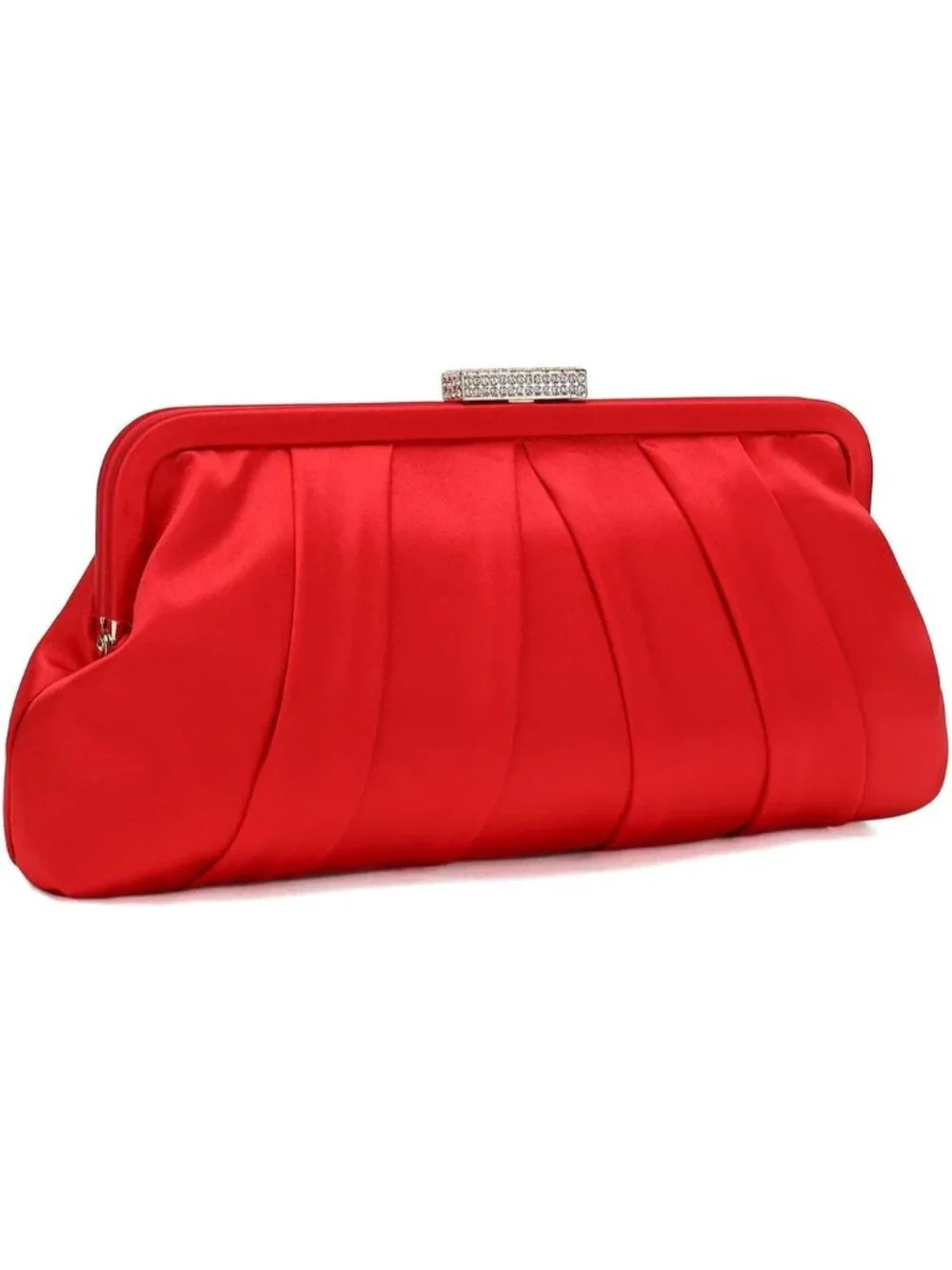 👜 Women's Red Classic Pleated Satin Clutch Bag Diamante Embellished Clutch
